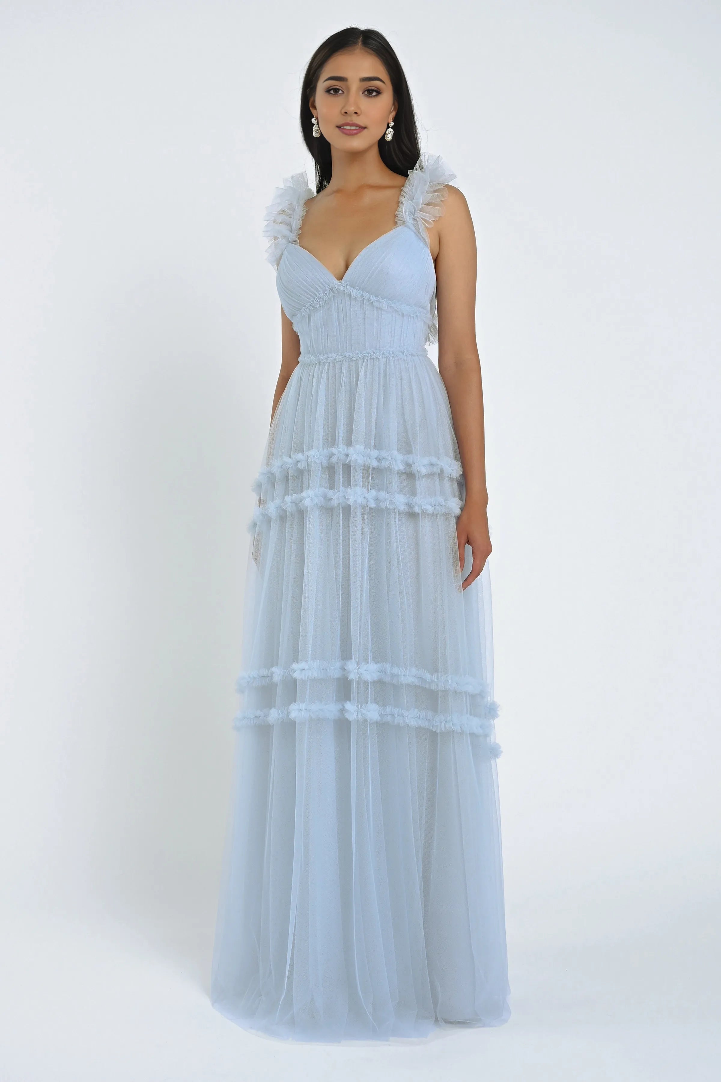 Robe Weitese en tulle élégante, décolleté en cœur, sans manches, robe de demoiselle d'honneur, bretelles à volants, coupe trapèze, longueur au sol, fermeture éclair dans le dos